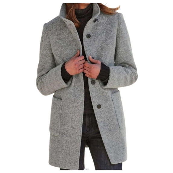 DuoJiaJ Women's Autumn Winter Vintage Solid Color Button Up Stand Collar Wool Coat Womens Puffer Coat Gray M