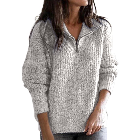 DuoJiaJ Women's Autumn/Winter Zip Up Long Sleeve Knitted Sweater Cardigan Crewneck Sweater Gray XXXL