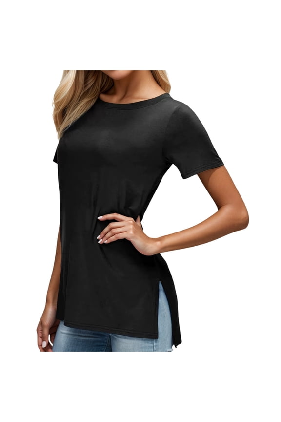 Women's Basic Round Neck T Shirt Casual Side Slit Tee Comfortable Everyday Top For Spring Summer Breathable Sport Tops Black L