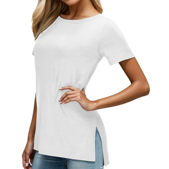 DuoJiaJ Women's Basic Round Neck T Shirt Casual Side Slit Tee Comfortable Everyday Top For Spring Summer Breathable Sport Tops White XL