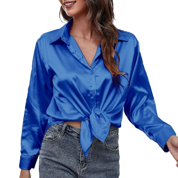 DuoJiaJ Women's Blouse Satin Silk Shirt Button Down Shirt Casual Loose Long Sleeve Office Work Long Edition Blouse Women's Long Sleeve Shirts Blue XL