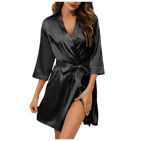 DuoJiaJ Women's Bride Bridesmaids Robe Short Satin Kimono Robes For Wedding & Bridal Party Silk Bathrobes For Women Plus Size Satin Pajamas Women Black