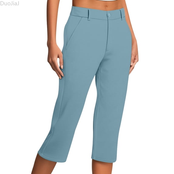 DuoJiaJ Women's Button Pocket Casual Elastic Pants Large Solid Color Caprix Pants Women's Cropped Pants Blue L