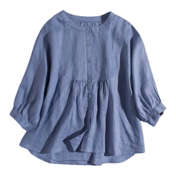 DuoJiaJ Women's Button Solid Color Round Neck 3/4 Sleeve Shirt Loose Fit Japanese Style Women's Button Down Shirts Blue M