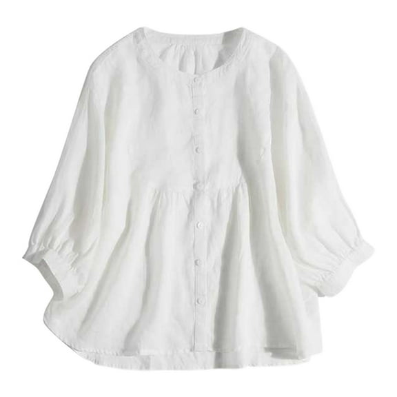 DuoJiaJ Women's Button Solid Color Round Neck 3/4 Sleeve Shirt Loose Fit Japanese Style Women's Linen Shirts White XL