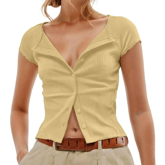 DuoJiaJ Women's Button Up Ribbed Short Sleeve Cardigan Pure Color T Shirt Women's Casual Shirts Yellow L
