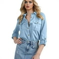 thumbnail image 1 of DuoJiaJ Women's Casual Collar Long Sleeved Denim Shirt Women's Oversized Shirts Blue L, 1 of 4