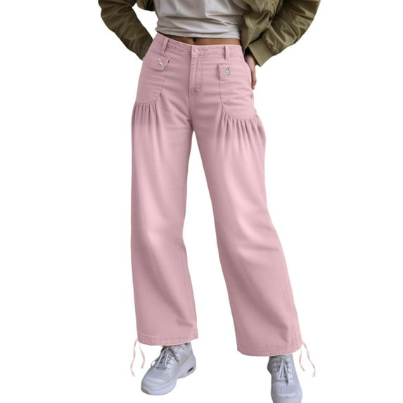 DuoJiaJ Women's Casual Denim Pants Mid Rise Baggy Wide Leg Jeans With Ruffle Pleated Design For Vacation Outing Spring Fall Plus Size Casual Pants