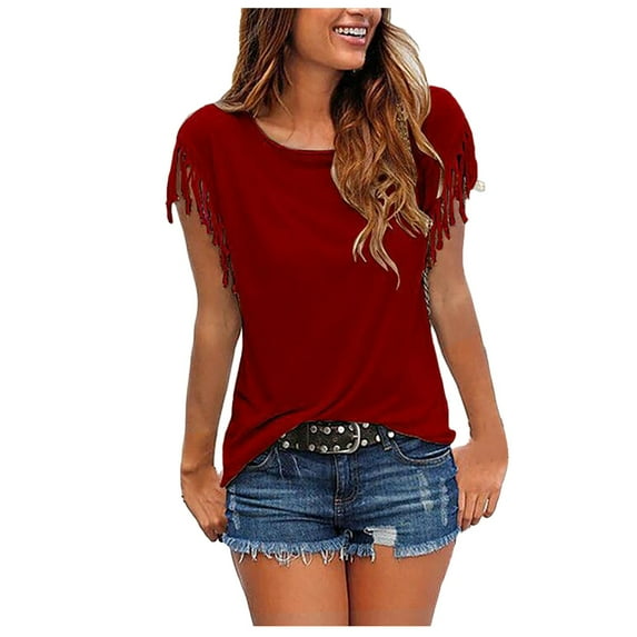 DuoJiaJ Women's Casual Fashion Loose Tassel Sleeves Multicolor Short-Sleeved T-Shirt Women’s Ribbed Knit Crop Tops Red
