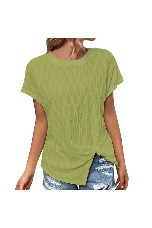 Women's Casual Loose Solid Color Crew Neck Mesh Knitted Jacquard Bat Short Sleeved T Shirt Women’s High-Neck Workout Tops Green