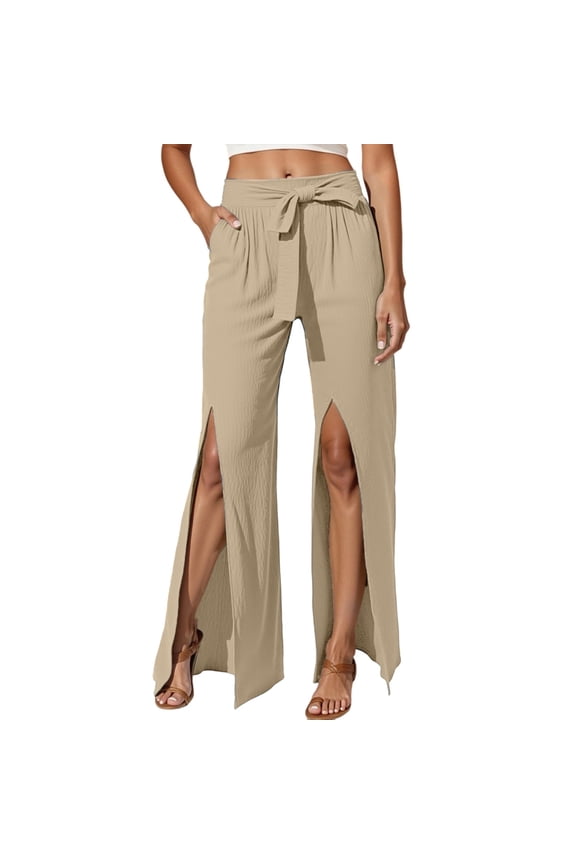 Women's Casual Pants High Waisted Wide Leg Summer Lightweight Split Hem Comfortable Wear Stretchy Soft Breathable Fabric Loose Fit Trousers Stretchy Casual Pants for Women
