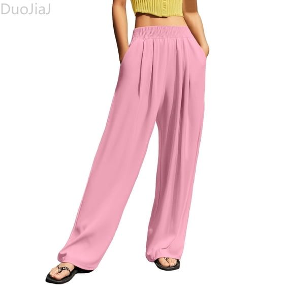 DuoJiaJ Women's Casual Pants High Waisted Wide Leg Trousers Straight Pants With Crinkle Design For Daily Wear Outdoor Sports Home Comfort Women's Wide Leg Pants Pink XL