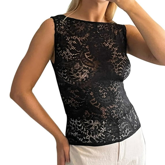 DuoJiaJ Women's Casual Round Neck Cover Slim Splicing Solid Color Lace Vest Top Cotton Tank Tops for Women