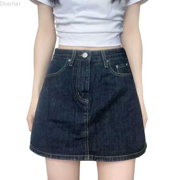 DuoJiaJ Women's Casual Solid Color High Waist A Line Skirt For Daily Wear Spring Summer Fall Versatile Comfortable Stretch Mini Midi Length Denim Skirts Women Blue L