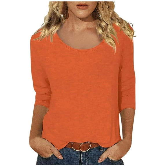 DuoJiaJ Women's Casual Solid Color Print Scoop Neck Low Cut 3/4 Sleeve T Shirt Top Women’s Crop Tops Orange