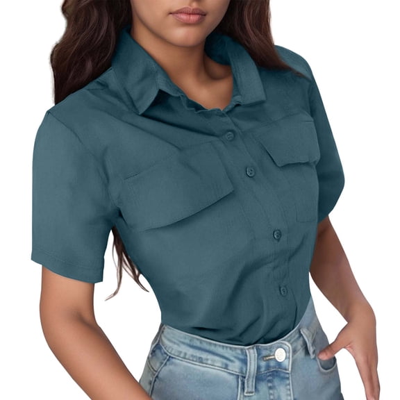 DuoJiaJ Women's Casual Solid Color Shirt With Lapel Short Sleeved Shirt Women's Linen Shirts Blue M