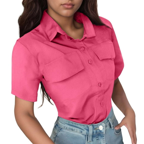 DuoJiaJ Women's Casual Solid Color Shirt With Lapel Short Sleeved Shirt Women's Linen Shirts Pink M