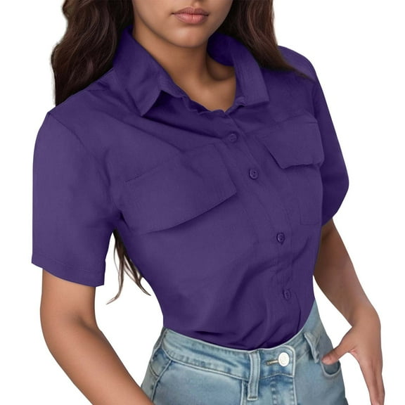 DuoJiaJ Women's Casual Solid Color Shirt With Lapel Short Sleeved Shirt Women's Linen Shirts Purple XL