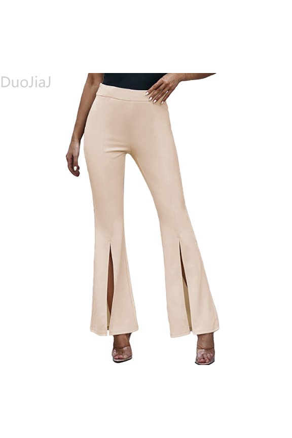 Women's Casual Solid Color Split Hem High Waist Pants Wide Leg Bell Bottoms Women's Lounge Pants Beige L