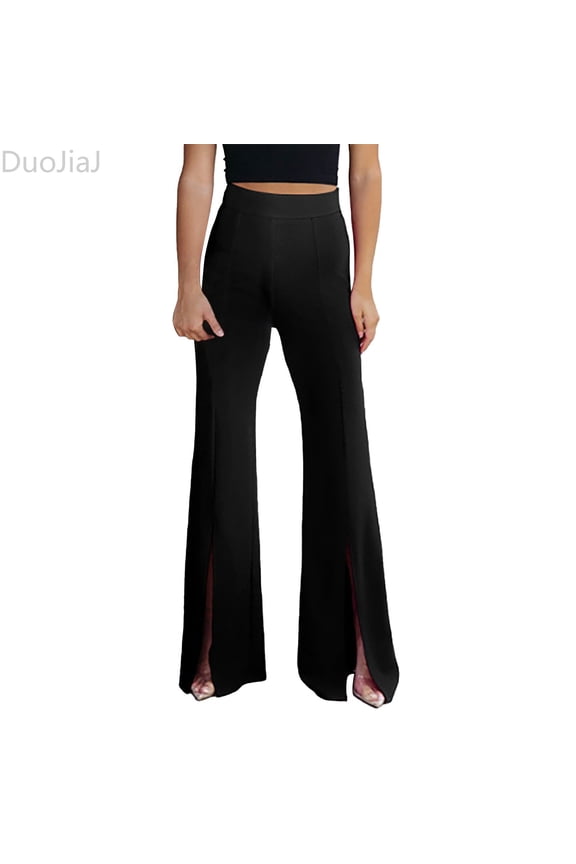 Women's Casual Solid Color Split Hem High Waist Pants Wide Leg Bell Bottoms Women's Lounge Pants Black XL