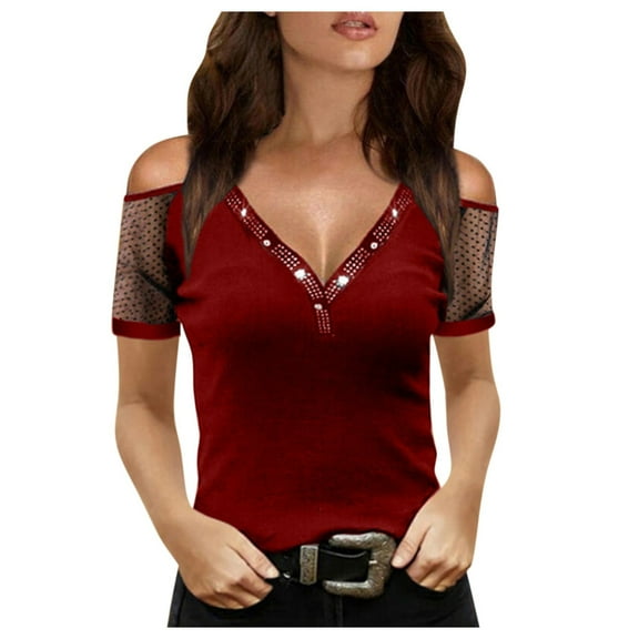 DuoJiaJ Women's Casual Solid Leaky Shoulder V-neck Gauze Short Sleeve Top Women’s Button-Down Shirts Red