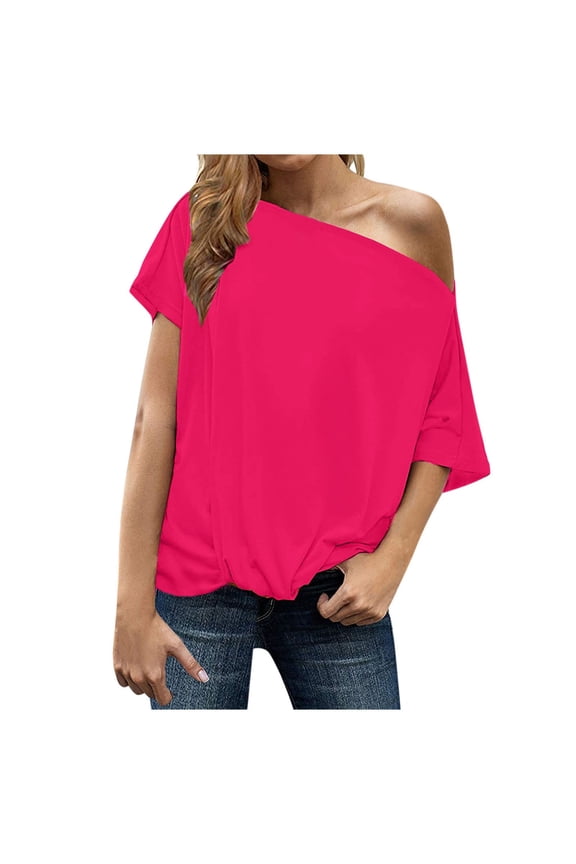 Women's Casual Solid Strapless Slant Collar Fashion Short Sleeve Top Women’s V-Neck Tops Red