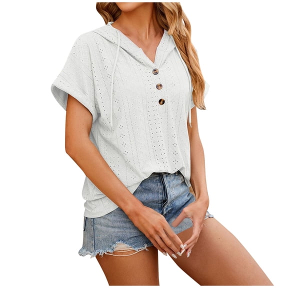DuoJiaJ Women's Casual Summer Hoodies Short Sleeve Drawstring Hoodies Tops Button Front V Neck Pullover T Shirts Tops Women’s High-Neck Workout Tops White