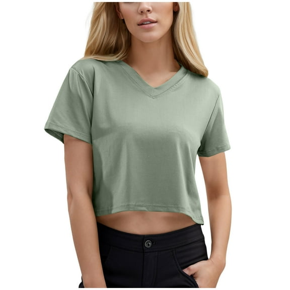 DuoJiaJ Women's Casual V Neck Short Sleeve Soild Basic Crop Top T Shirt Summer Tops Women’s Plus Size Long Sleeve T-Shirts Green