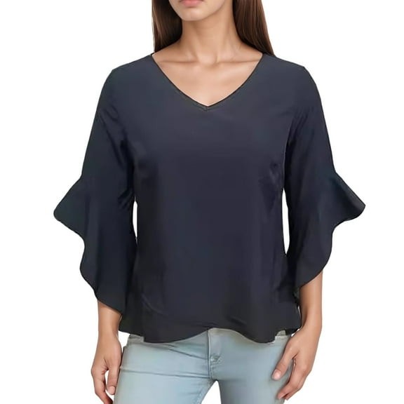 DuoJiaJ Women's Casual V Neck Solid Color Sleeve Three Quarter Length Shirt Perfect For Everyday Wear Stylish And Comfortable. Women’s T-Shirts Black