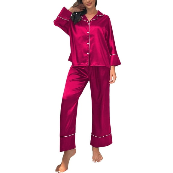 DuoJiaJ Women's Classic Button Down Long Satin Silk Pajama Set Plus Size Pajamas Women Red