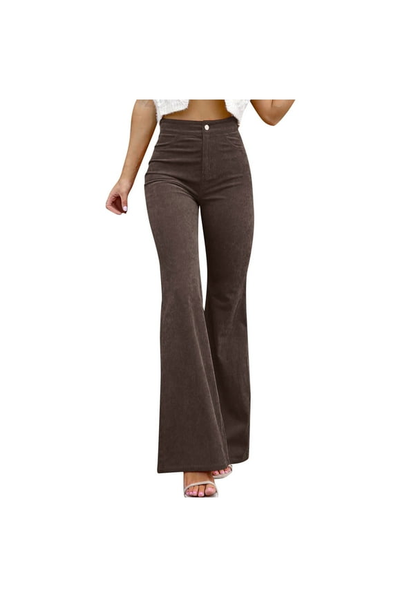 Women's Clothing Solid Color Mid Waist Slim Micro Bell Bottoms Corduroy Elastic Waist Casual Trousers High Waisted Casual Work Pants Women