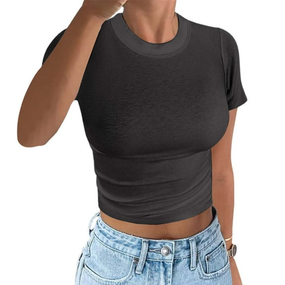 DuoJiaJ Women's Colorful Slim Fit Short Sleeve Crop Top T Shirt For Sports And Fitness Women’s Wrinkle-Free Button-Down Shirts Black