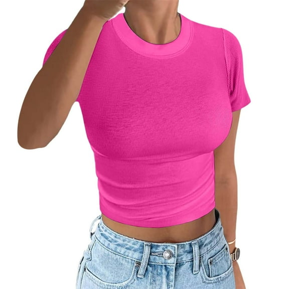 DuoJiaJ Women's Colorful Slim Fit Short Sleeve Crop Top T Shirt For Sports And Fitness Women’s Wrinkle-Free Button-Down Shirts Pink