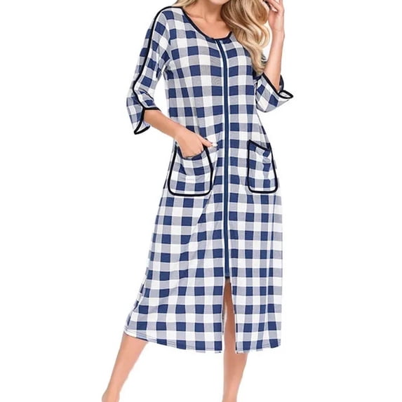 DuoJiaJ Women's Comfortable And Casual Autumn/Winter Loungewear Loose Fit Striped Sleep Dress With Three Quarter Sleeves Plus Size Women's Cozy Pajamas Blue