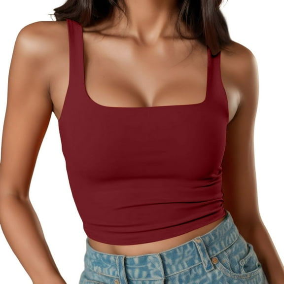 DuoJiaJ Women's Comfortable Sleeveless Camisole Square Neck Double Layer Fitness Casual Basic Open Navel Bra Women’s Basic Tank Tops
