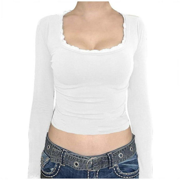 DuoJiaJ Women's Cotton Long Sleeve T Shirt Spliced Lace Neck Crop Neck T Shirt Womenâs -Free Button-Down Shirts White