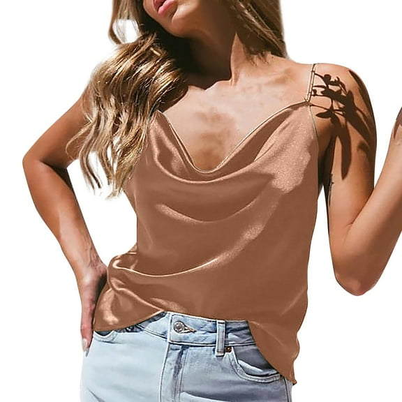 DuoJiaJ Women's Cowl Neck Satin Cami Top Spaghetti Straps Adjustable Camisole Sleeveless Soft Tank Tops Loose Fit Tank Tops Women