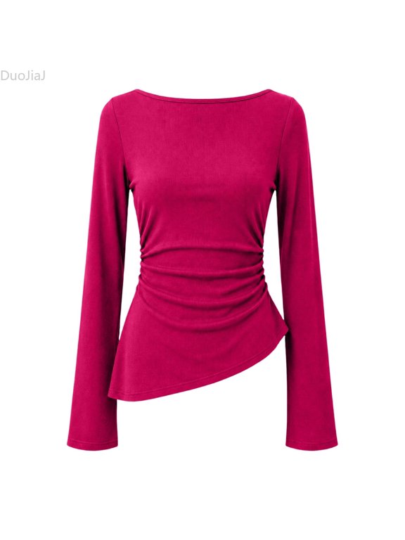 Women's Crew Neck Long Sleeve Flared Sleeve Top Solid Color Base Layer Shirt, S-XXL