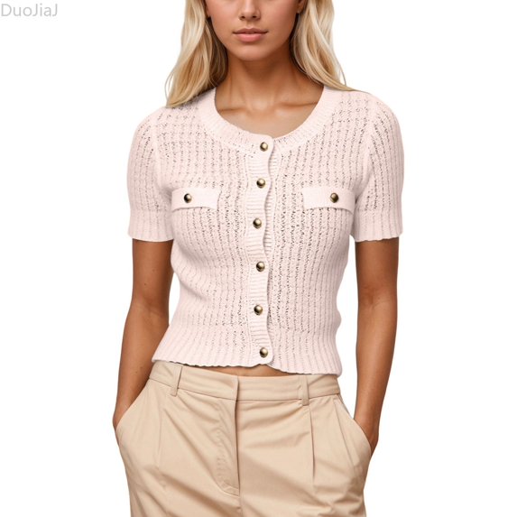 DuoJiaJ Women's Crew Neck Short Sleeve Cardigan,Metallic Button Casual Knit Coat,S