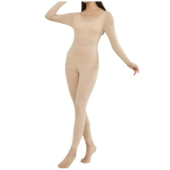 DuoJiaJ Women's Crewneck Long Thin Thermal Underwear Top & Bottom Set Warm Underwear For Women Beige L