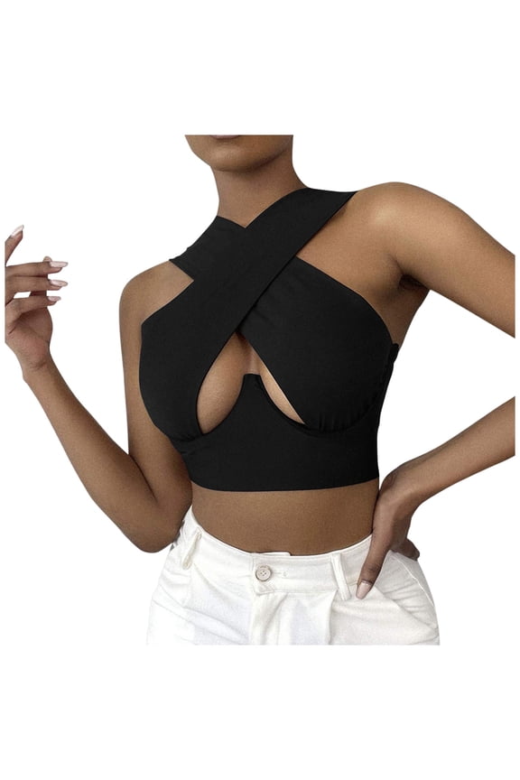 Women's Crisscross Cut Out Vest Halter Wrap Crop Top Solid Cami Tank Tops Breathable Yoga Tank Tops for Women