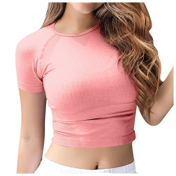 DuoJiaJ Women's Crop Top Jacquard Short Sleeve Fitness Tee Breathable Yoga Workout Shirt For Ladies Women’s Crop Tops Pink