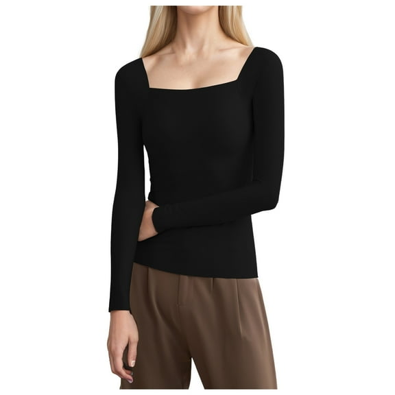 DuoJiaJ Women’s Crop Tops Long Sleeve Square Neck Basic Casual Slim Fit Blouse Tee T Shirts Streewear Going Out Tops Thermal Underwear Women Black M