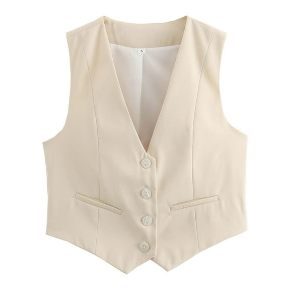 DuoJiaJ Women's Cropped Suit Vest Dressy V Neck Button Down Jacket Womens Jacket Beige L
