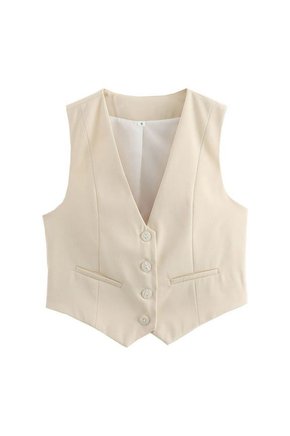 Women's Cropped Suit Vest Dressy V Neck Button Down Jacket Womens Jacket Beige L