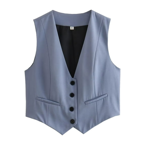 DuoJiaJ Women's Cropped Suit Vest Dressy V Neck Button Down Jacket Womens Jacket Blue L