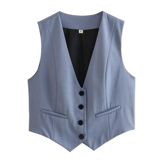 DuoJiaJ Women's Cropped Suit Vest Dressy V Neck Button Down Jacket Womens Jacket Blue M