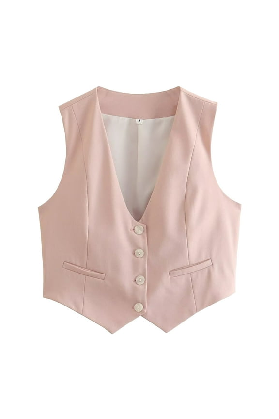 Women's Cropped Suit Vest Dressy V Neck Button Down Jacket Womens Jacket Pink M