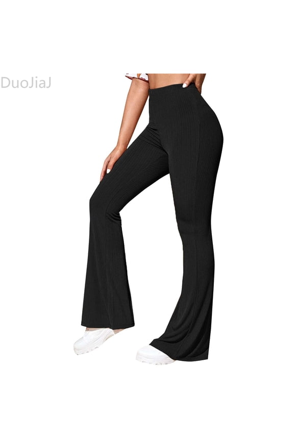 Women's Elastic High Waist Flared Bell Bottom Ribbed Knit Yoga Pants Women's Lounge Pants Black XS