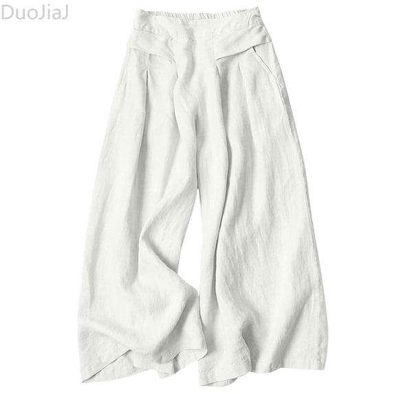 DuoJiaJ Women's Elastic High Waist Light Weight Loose Casual Wide Leg Trousers Long Pants with Pocket White L